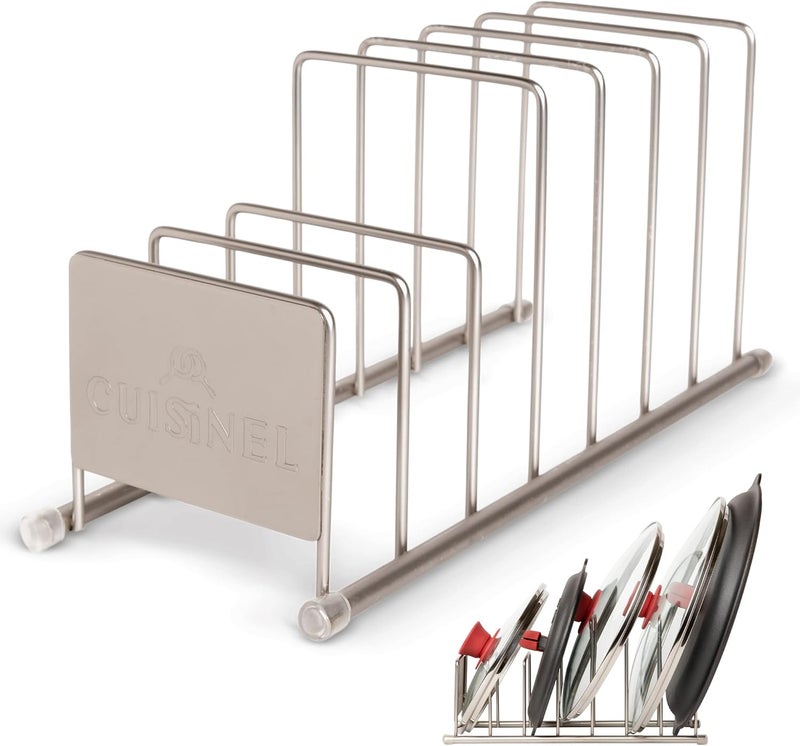 Cuisinel Lid and Dish Organizer Rack - Satin Nickel Silver Kitchen Storage Organization Stand - Plate Holder, Pan/Pot Covers, Cutting Board and Cookie Sheet Divider - 7-Tier Cabinet/Counter Display - Image 1